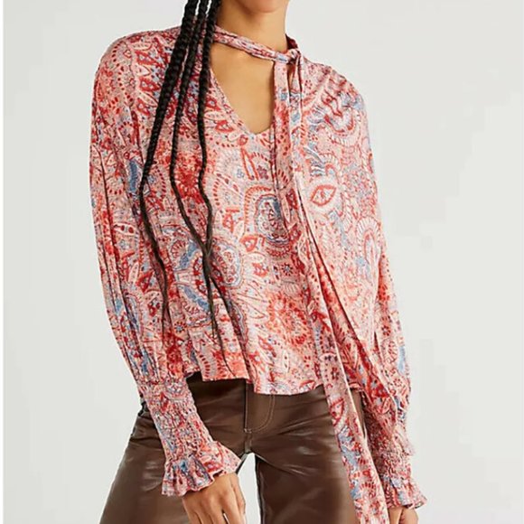 Free People Pink Floral Vista Dreams Smocked Tie V-Neck Oversized Top Blouse XS - Picture 1 of 8